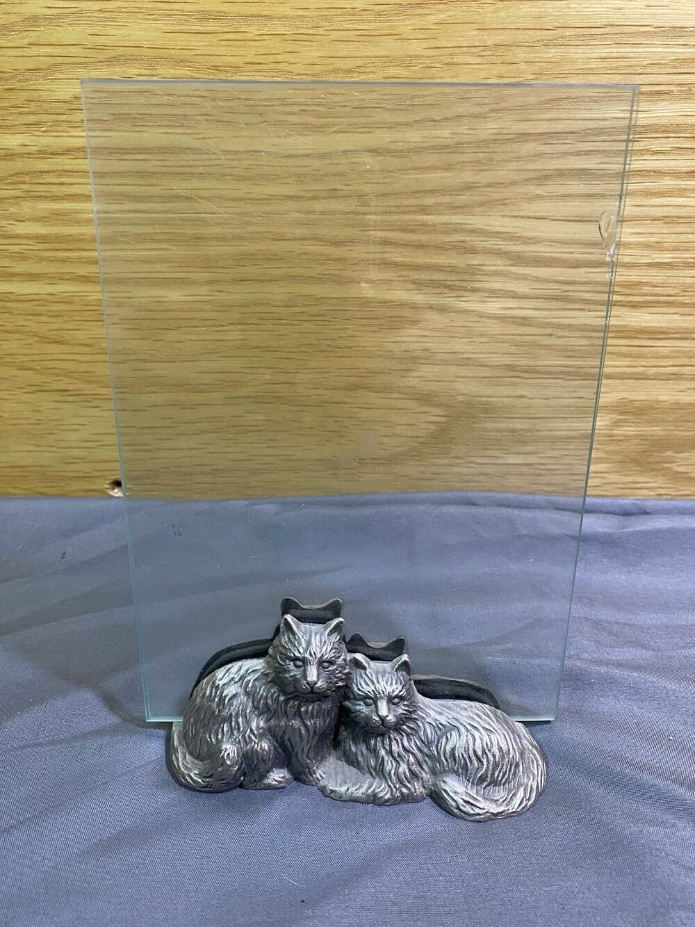 Burned of Boston Pewter Cats Photo Holder w/ Velvet Bottom 2 Glass Pieces